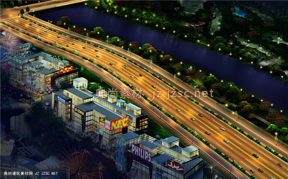 盐城跨线桥鸟瞰夜景_10-11_市政道路设计效果图